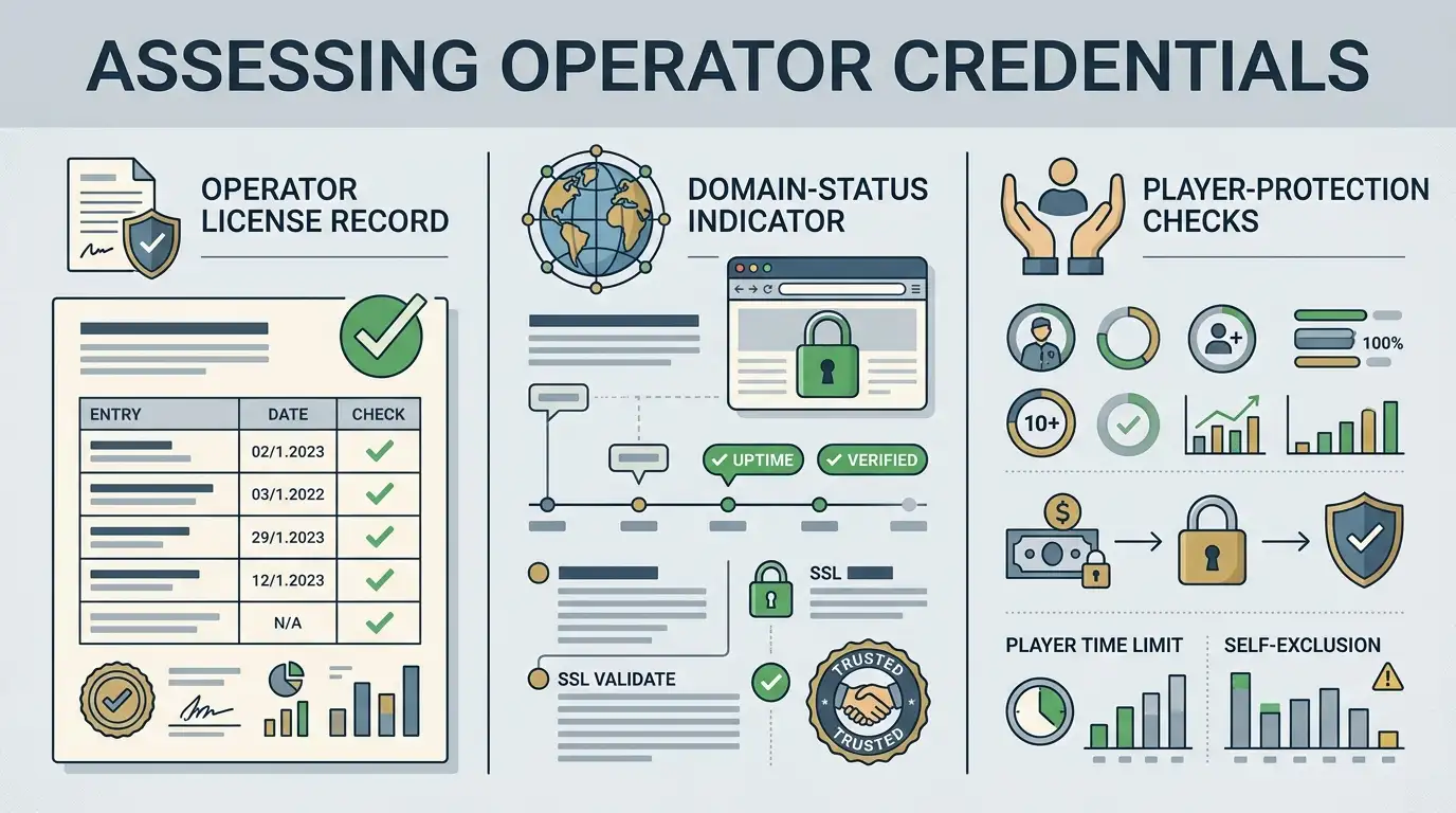 Conceptual regulatory trust framework with licence record, domain status and player protection checks