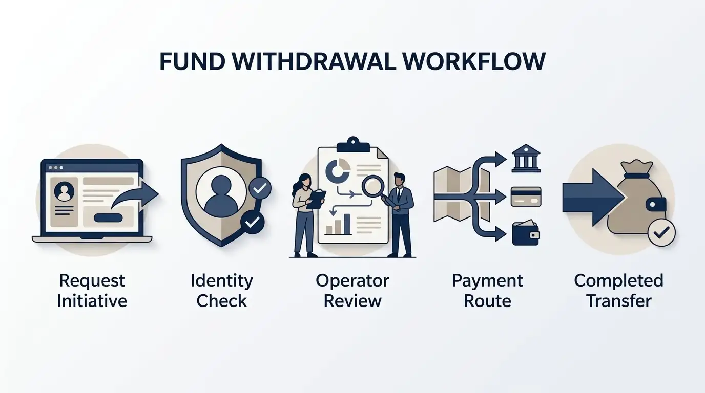 Illustrated withdrawal workflow from request through verification and payment completion