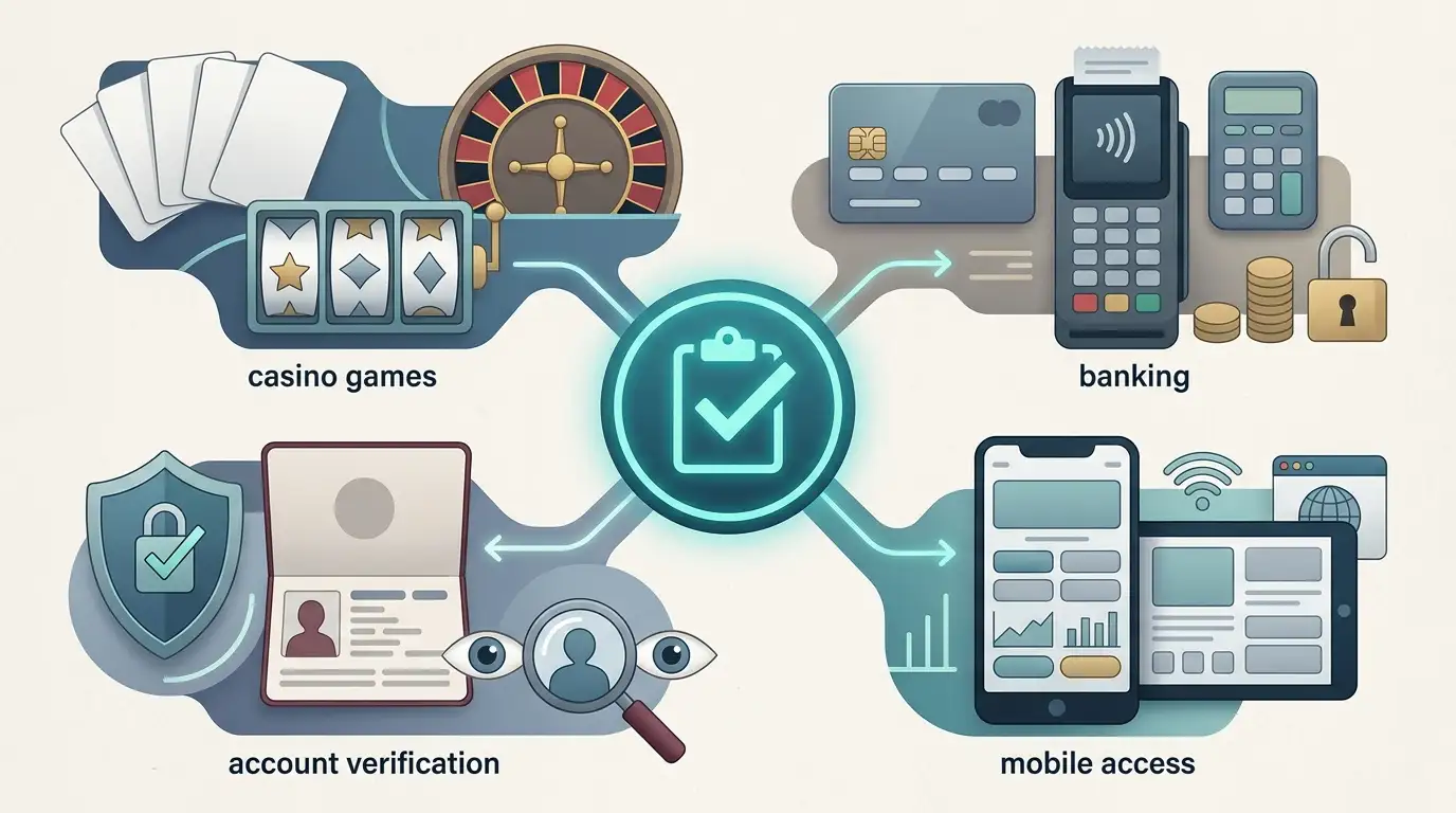 Editorial illustration comparing games, banking, mobile access and account verification topics